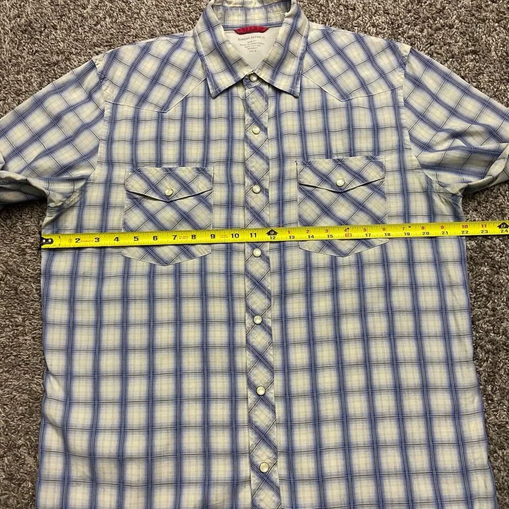 Western Shirt Pearl Snap Plaid Long Sleeve Banana Republic Slim Fit Medium Blue